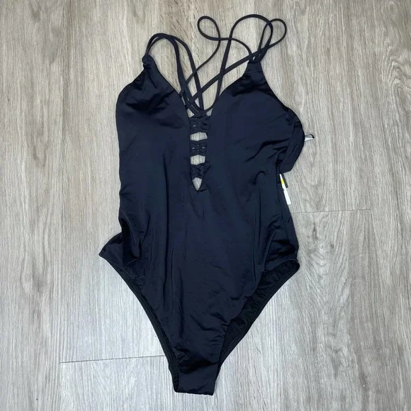 Bar III Women's Black Sunset Solids Strappy Ladder Plunge One-Piece Swimsuit - Picture 2 of 3